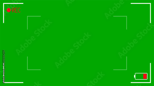 Camcorder screen interface with low battery signal. Pixel art camera viewfinder interface retro video game style. Videotape recording with green background, vector.