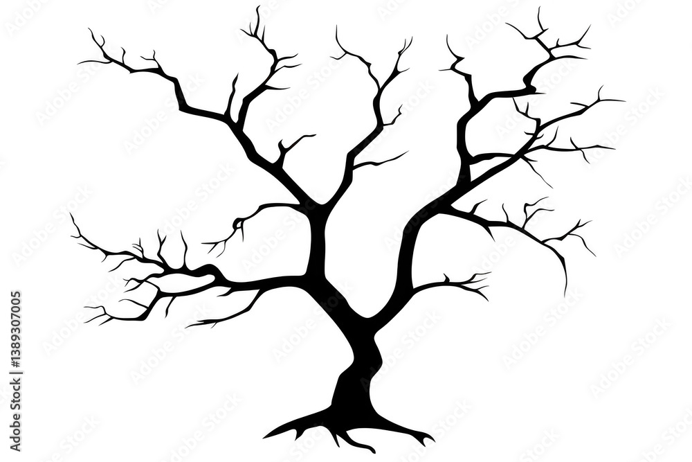 Fototapeta premium A dark, intricate silhouette of leafless tree with twisted branches, evoking sense of mystery and nature beauty. This artistic representation captures essence of barren landscape