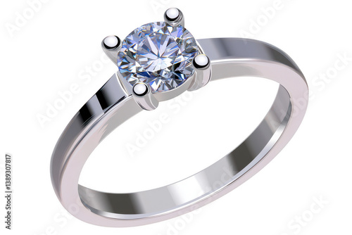 A beautiful engagement ring featuring round cut diamond set in sleek silver band, symbolizing love and commitment. sparkling gem catches light, creating stunning visual appeal