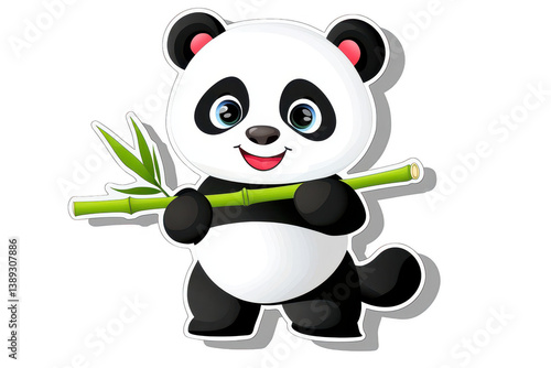 Obraz na płótnie A Cute cartoon panda holding bamboo, showcasing playful and friendly expression. This adorable character is perfect for children illustrations, educational materials, or fun designs w salonie