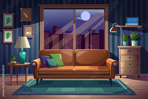 vector of Brown leather sofa in dark living room at night