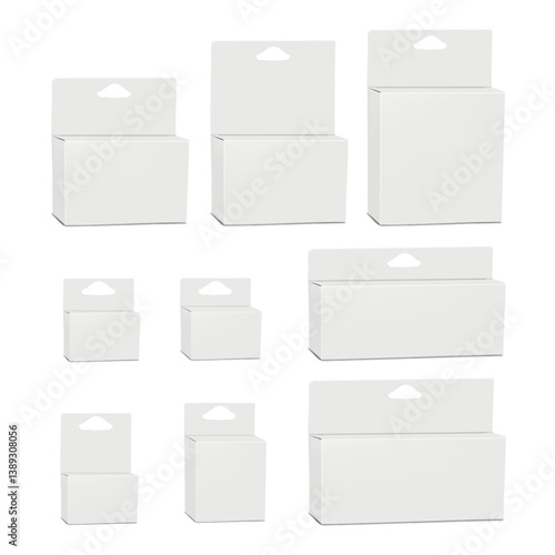 Folding paperboard box with tuck-in flap lid, triangle hole header tab hanger. Realistic 3d vector mockup set. White blank hanging carton packaging. Mock-up. Cardboard container. Template for design