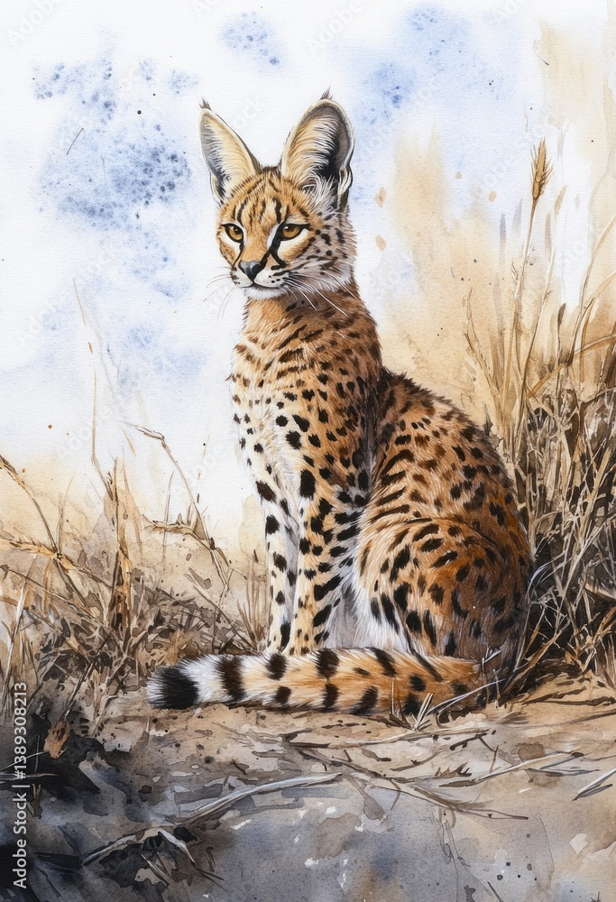 Fototapeta premium Beautiful watercolor painting of a graceful spotted feline sitting still
