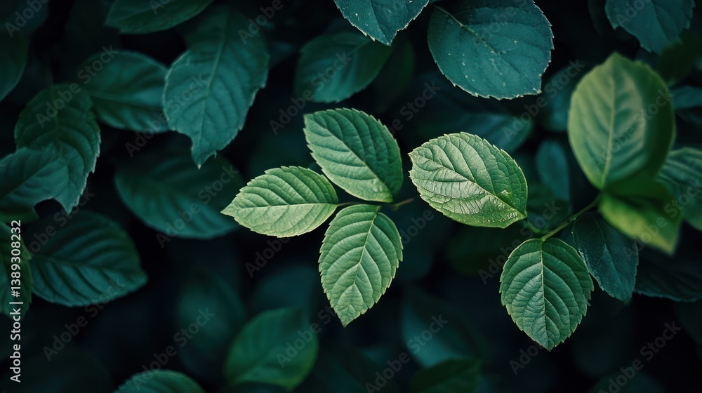 Fresh green leaves on a plant showing natural details and textures Fresh green leaves on a plant showing natural details and textures
