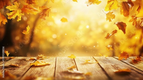 Autumn leaves falling on wooden table, sunlit background, nature scene, perfect for autumnal promotions