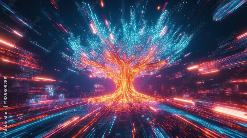 Naklejka premium A Glowing Abstract Tree Lit With Digital Electric Streams