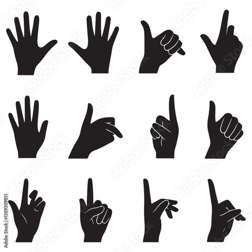 Set of various Silhouette Vector Black silhouette woman hands. collection of female hands of different gestures. Trendy minimal style for logos, prints, designs, illustrations. with white background