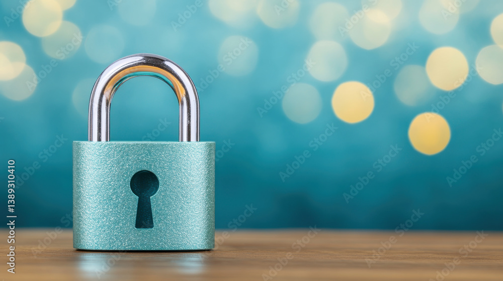 Fototapeta premium locked padlock with shiny silver shackle, symbolizing security and protection, stands wooden surface against blurred blue