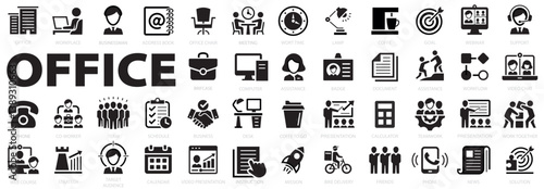 Office icon set. Office and workplace web icons. Briefcase, desk, computer, meeting, employee, schedule and co-worker, business, support and more. Editable stroke. Vector illustration