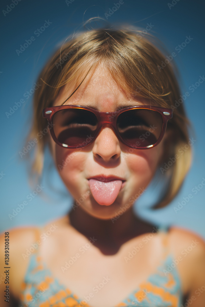 Cute little girl in sunglasses making a funny face at the beach Cute little girl in sunglasses making a funny face at the beach