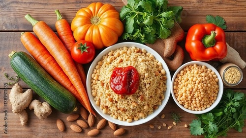 Couscous and fresh vegetables on rustic wooden table