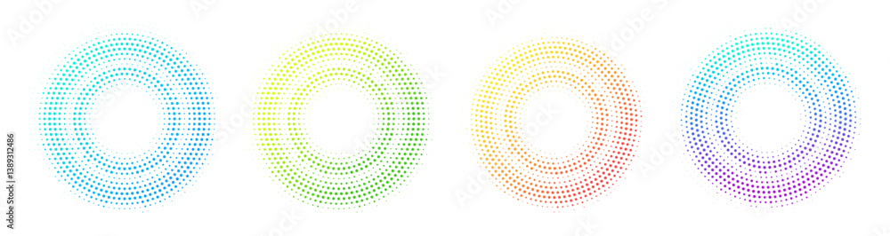Fototapeta premium Halftone effect dotted gradient colorful double circles set. Isolated vector dotted frames technology design elements
