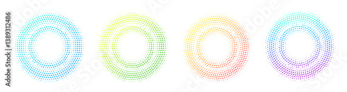 Halftone effect dotted gradient colorful double circles set. Isolated vector dotted frames technology design elements