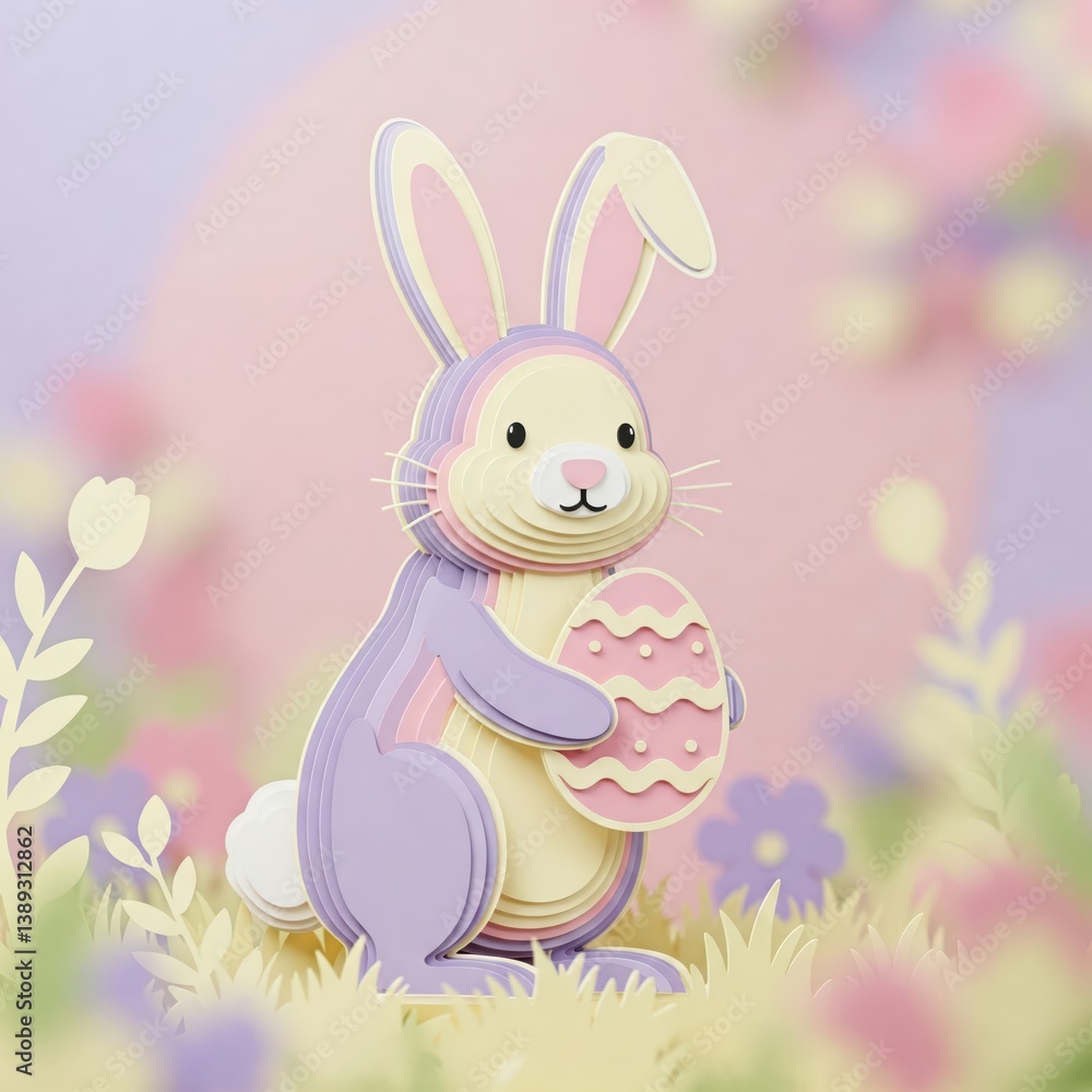 Obraz premium A pastel illustration of a cute bunny holding a decorated Easter egg, surrounded by soft floral elements. 