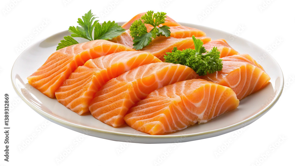 Fresh Sashimi Grade Salmon Fillet Slices with Parsley Garnish on a Plate