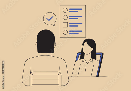 Decision-making in Interview: An illustrated scene of a woman conducting an interview, carefully observing a candidate. A check mark floats above the candidate's head, alongside a detailed checklist.