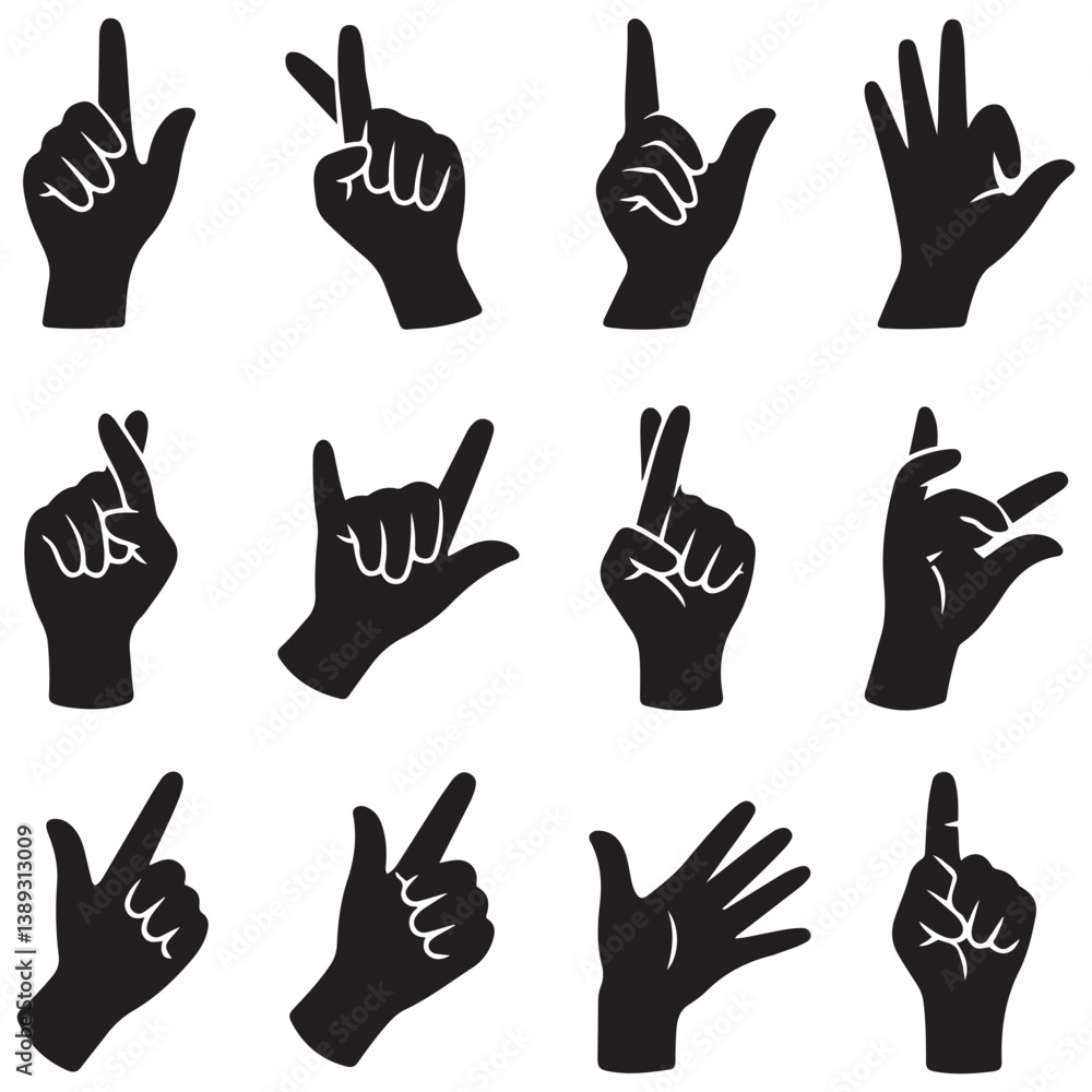 Fototapeta premium Set of various Silhouette Vector Black silhouette woman hands. collection of female hands of different gestures. Trendy minimal style for logos, prints, designs, illustrations. with white background