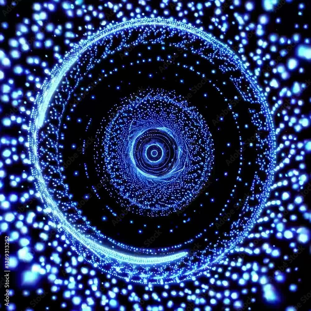 Abstract video of a glowing blue particle vortex, viewed from a top-down angle, creating a dynamic, cosmic visual effect on a black background.