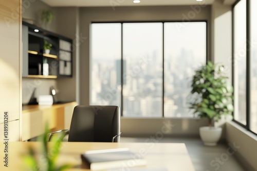 A blurred view of a modern open-plan office with contemporary design, featuring bright natural lighting and stylish furniture