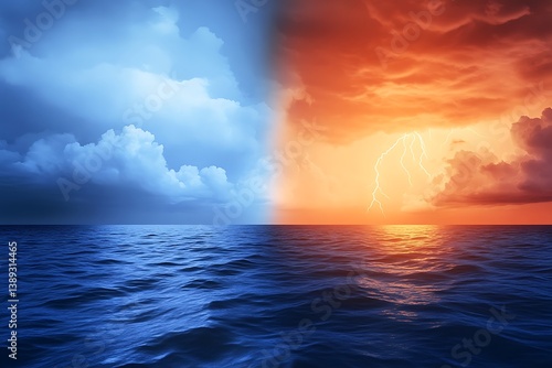 Stormy and calm ocean landscape split in half, showing contrasting stormy and sunny conditions, use as a metaphor