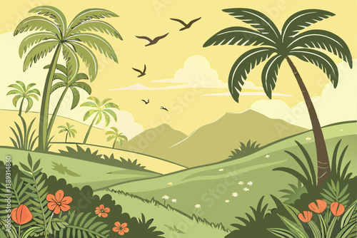 121 Tropical paradise, lush green landscape, palm trees, distant mountains, golden sky, sunset, birds flying, vibrant flora, serene meadow, fluffy clouds, cartoon style, vector art, peaceful scene, ex