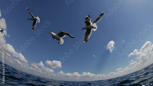 A fisheye lens captures a wide-angle view of seagulls soaring over the ocean, creating a dynamic, immersive video effect under a bright sky.