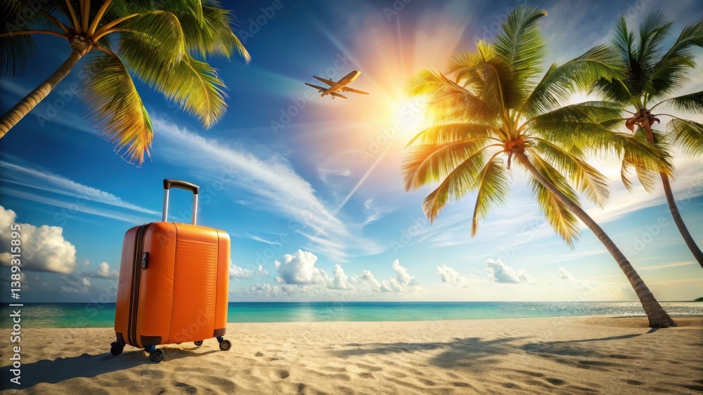 Fototapeta premium Awaits Tropical Paradise Orange Suitcase on Sandy Beach, Palm Trees Swaying Gently in the Warm Breeze, Airplane Soaring Overhead, Sun's Golden Rays Illuminating the Idyllic Scene