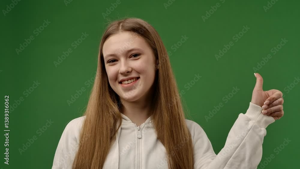 Teenage girl posing at camera smiling and showing thumb up like gesture, positive expression, isolated on chroma key green screen studio background mockup. Slow motion Teenage girl posing at camera smiling and showing thumb up like gesture, positive expression, isolated on chroma key green screen studio background mockup. Slow motion