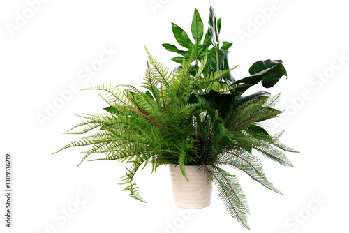 Obraz na płótnie Lush green potted plants featuring various ferns and tropical leaves in a modern ceramic pot on a white background w salonie