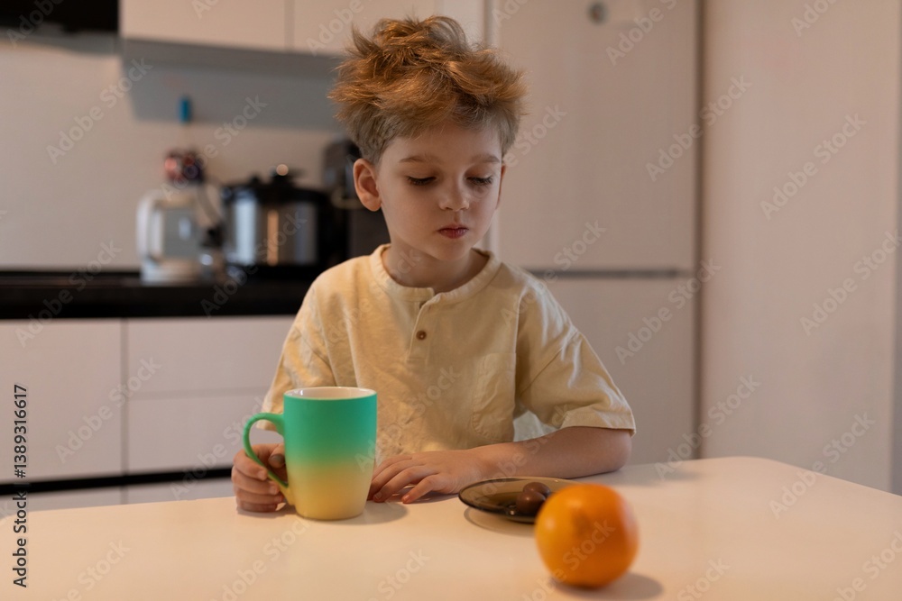 Young boy enjoying breakfast with a cup and fruit in a bright kitchen during morning hours