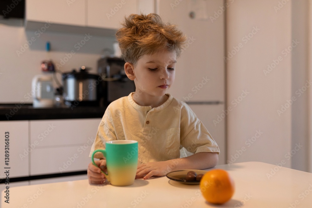 Young boy enjoys morning snack at home while sitting at kitchen table with colorful cup and fruit during bright indoor daylight