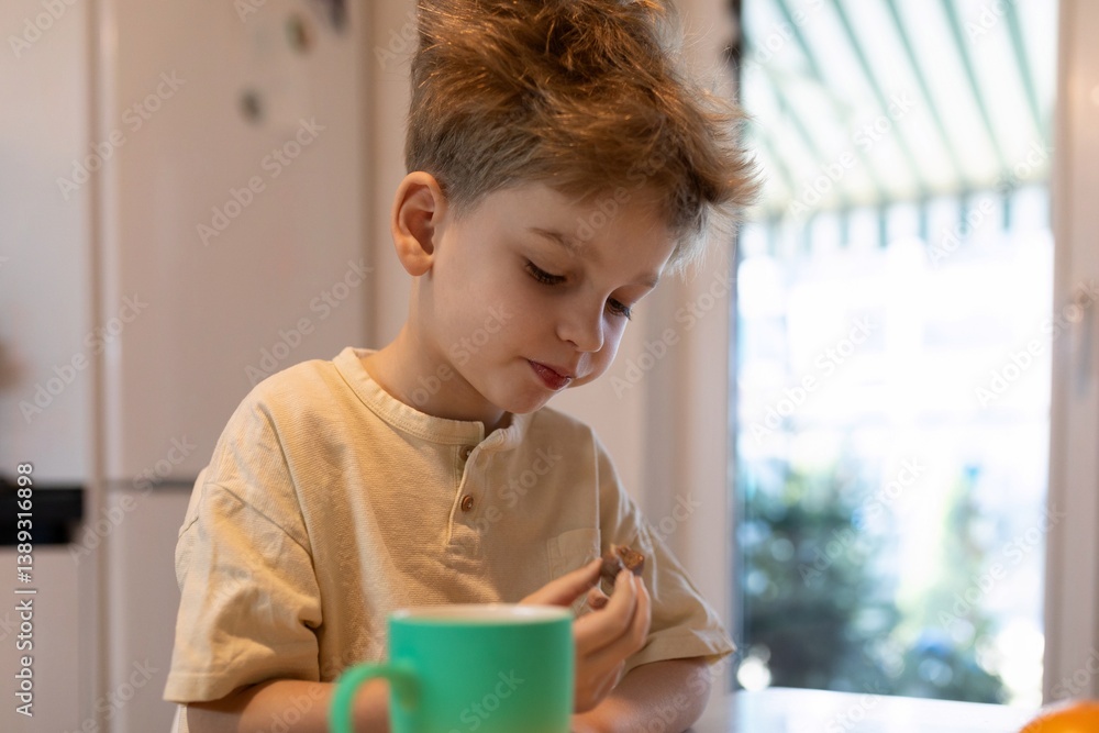 Child enjoys snack at home while sitting at the kitchen table on a sunny afternoon
