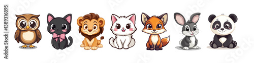 Cute Animal Cartoon Characters Vector Illustration. Vector illustration of seven adorable cartoon animals, including an owl, black cat, lion, white cat, fox, rabbit, and panda, lined up in a friendly.