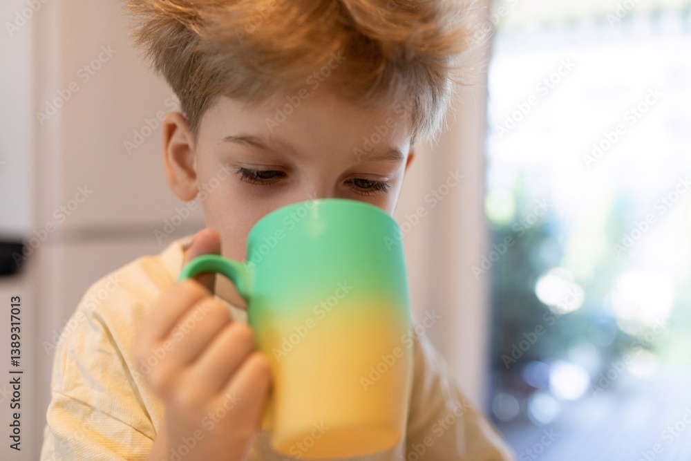 Young child enjoys a colorful mug of beverage while sitting at home in daytime