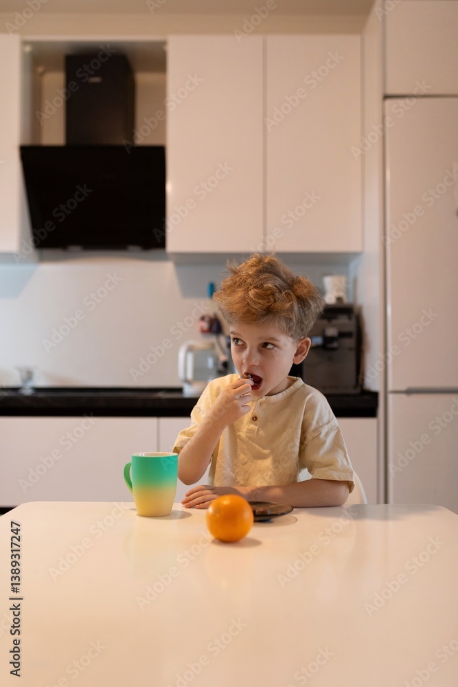 Young boy enjoys snack and drink at kitchen table in modern home during daytime