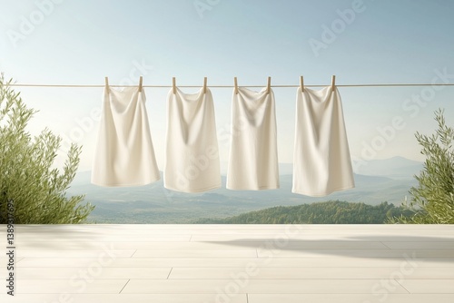 White towels drying on a clothesline against a scenic mountain view in the early morning light