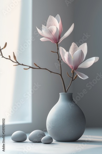 Two blooming magnolias in a round vase beside gray pebbles near a softly lit window