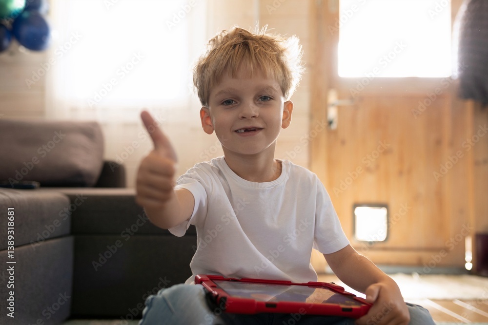 Young boy seated indoors giving a thumbs up while holding a tablet in a cozy living room setting during daytime