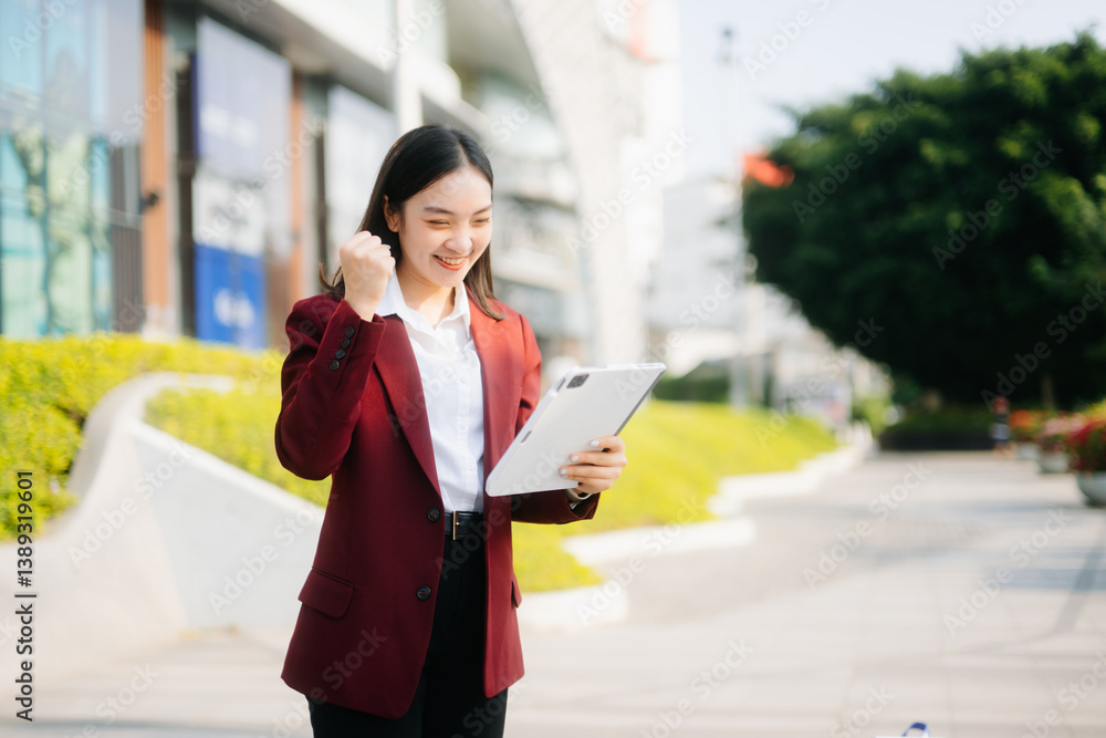 Fototapeta premium Successful businesswoman works outdoors near the office holds a tablet