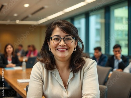Confident businesswoman smiling in modern conference room