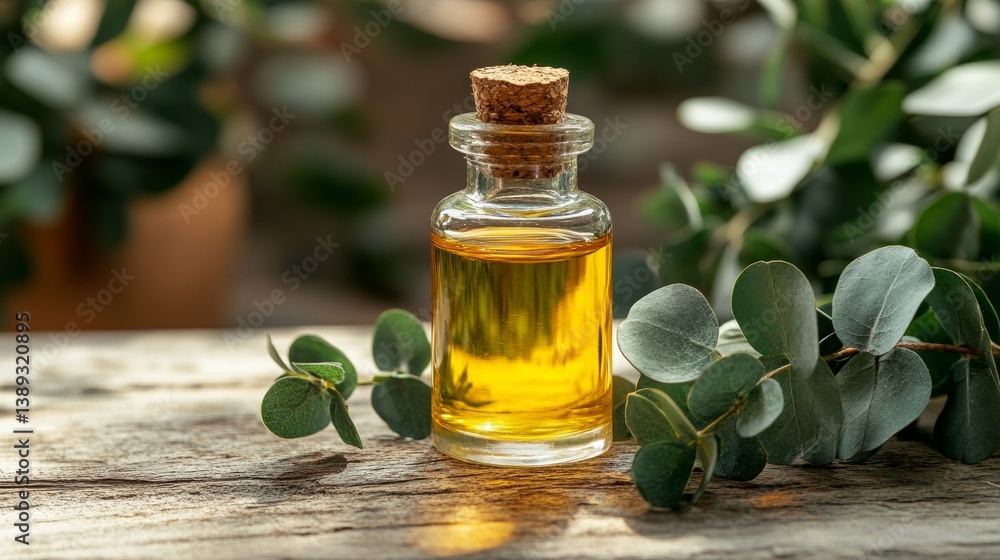 Eucalyptus Essential Oil in Glass Bottle with Fresh Leaves on Rustic Wooden Table Setting Eucalyptus Essential Oil in Glass Bottle with Fresh Leaves on Rustic Wooden Table Setting