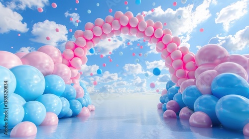 3D pink and blue balloon arch backdrop with floor. Ultra realistic setup with sky background and empty center space.