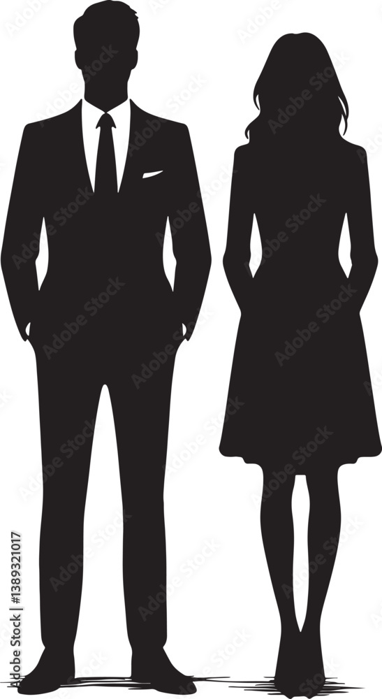 Silhouette of a couple holding hands, woman in dress and hat, man in suit and hat with briefcase Silhouette of a couple holding hands, woman in dress and hat, man in suit and hat with briefcase