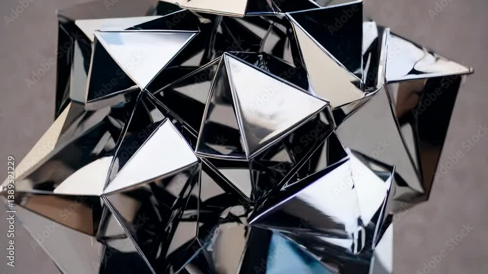 Abstract video featuring a close-up of a geometric metal sculpture with sharp angles, reflecting light. Shot from a slightly elevated angle. Live desktop wallpaper. Abstract video featuring a close-up of a geometric metal sculpture with sharp angles, reflecting light. Shot from a slightly elevated angle. Live desktop wallpaper.