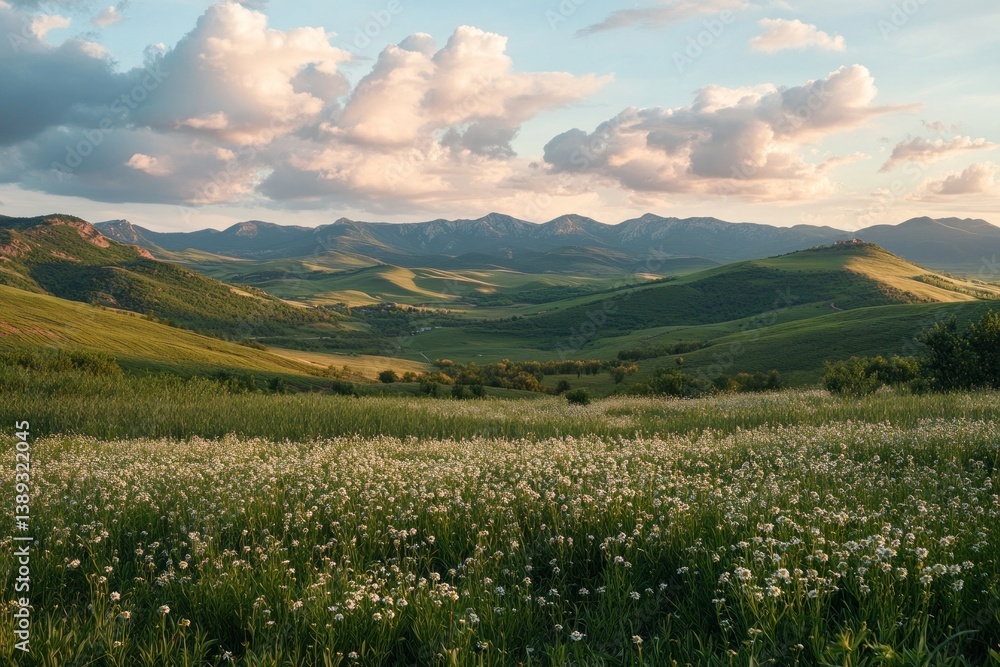 A beautiful landscape scene featuring rolling hills and flowering meadows A beautiful landscape scene featuring rolling hills and flowering meadows