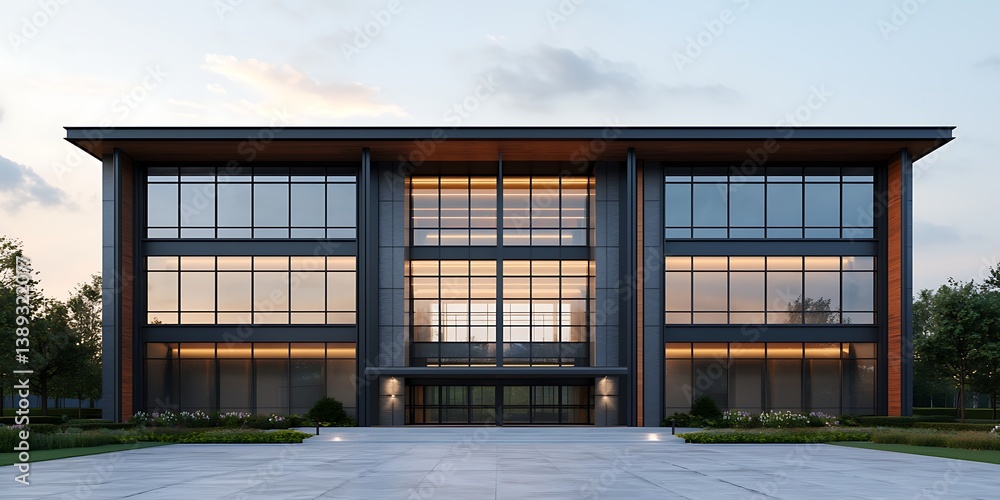 Modern architectural building featuring large glass windows, a sleek design, and a landscaped entrance under a serene sky. Modern architectural building featuring large glass windows, a sleek design, and a landscaped entrance under a serene sky.