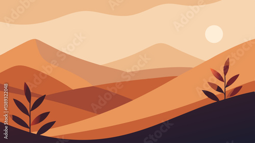 Illustration of a Stunning Sunset in the Desert with Vibrant Colors and Serenity