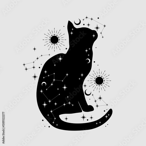 Magic cat silhouette. Black colors. Vector astrology illustration.