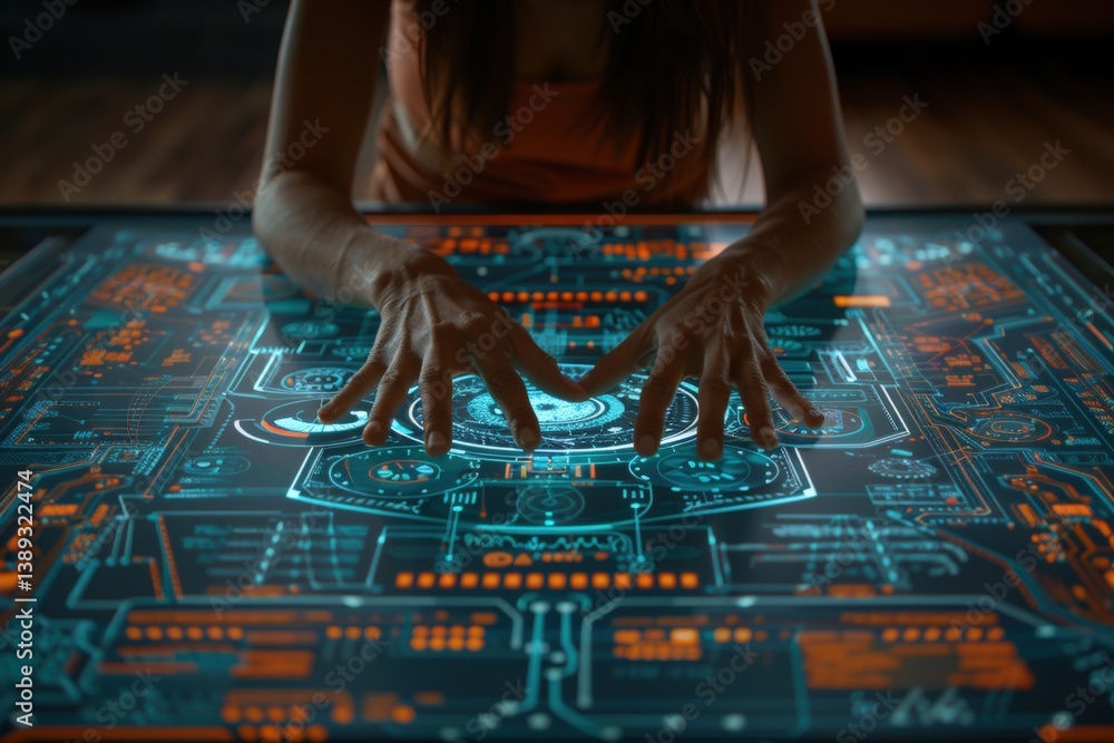 Naklejka premium Interactive digital interface with hands manipulating glowing graphics.