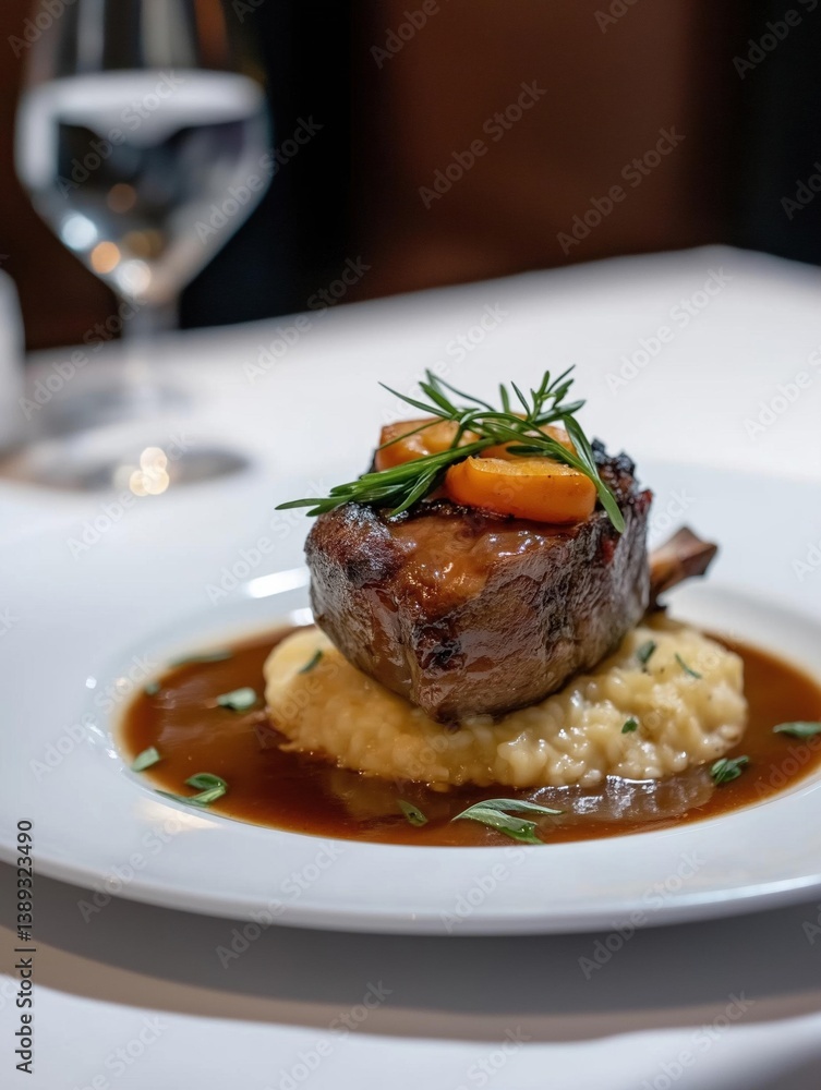 Plate of food on a table with a glass of wine in the background. on the plate, there is a piece of cooked meat, which appears to be a rack of lamb, with a golden brown crust on top. Plate of food on a table with a glass of wine in the background. on the plate, there is a piece of cooked meat, which appears to be a rack of lamb, with a golden brown crust on top.